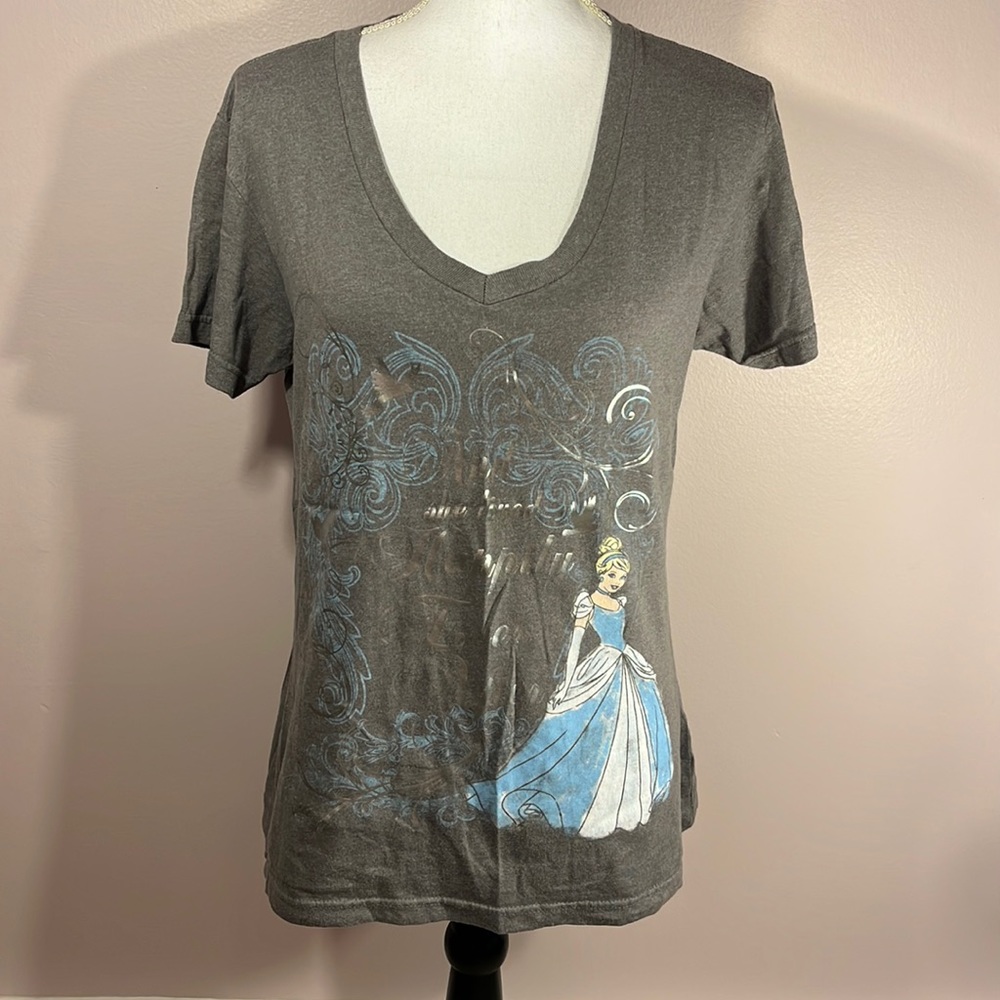 Disney Short Sleeve V-Neck Tee in Charcoal with Blue Cinderella Graphic